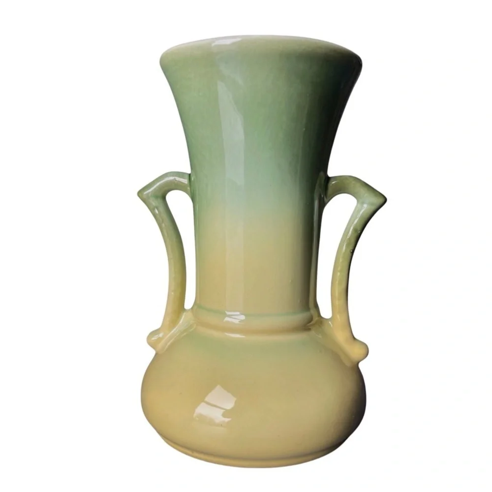 60's Cameron Clay 8 inch Dogwood Vase Green to Yellow Ombre Embossed Motif